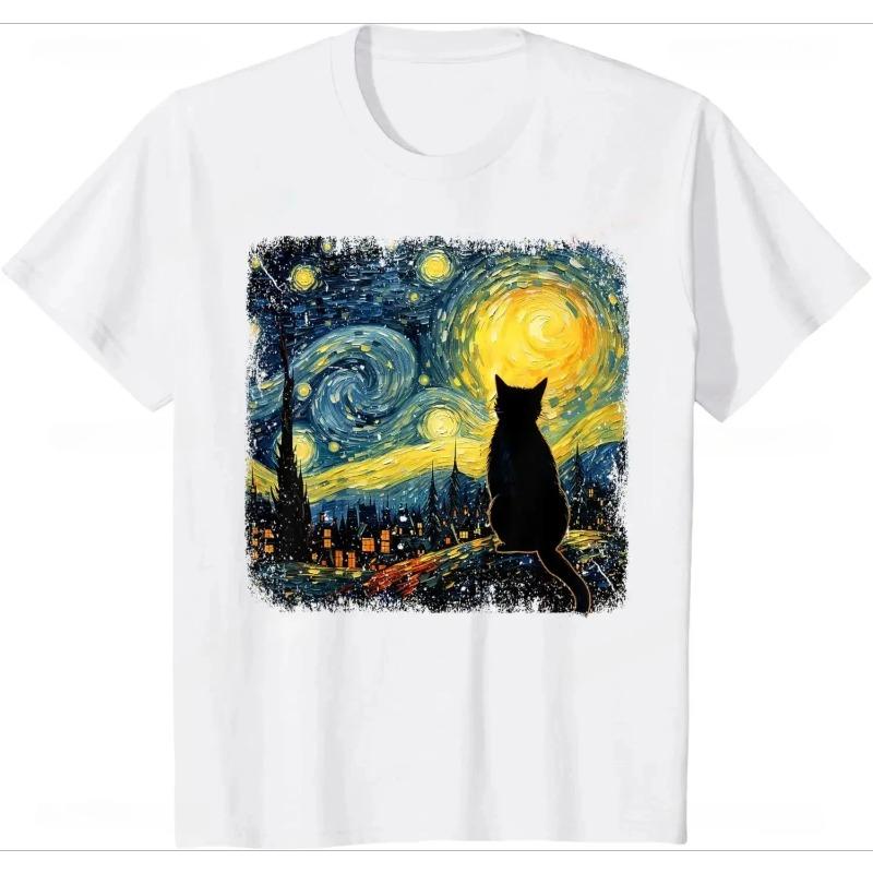 

Cat Starry Night Van Gogh Cat Love Cat Tshirt Womens Casual Fashion Street Wear Loose Summer Style Tshirt Cute Aesthetics S