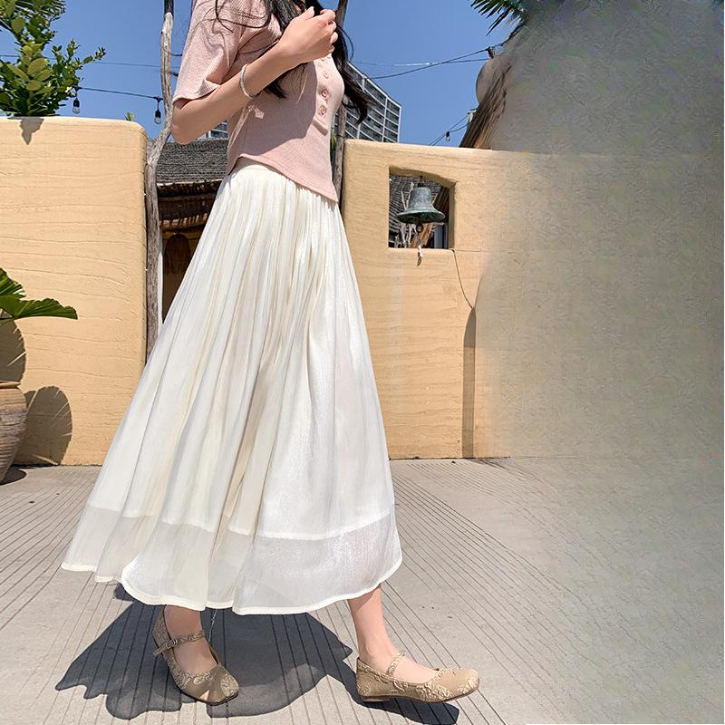Women's Summer White Luminous Half Skirt High-Waisted A-Line Skirt Drapey Long Tulle Skirt