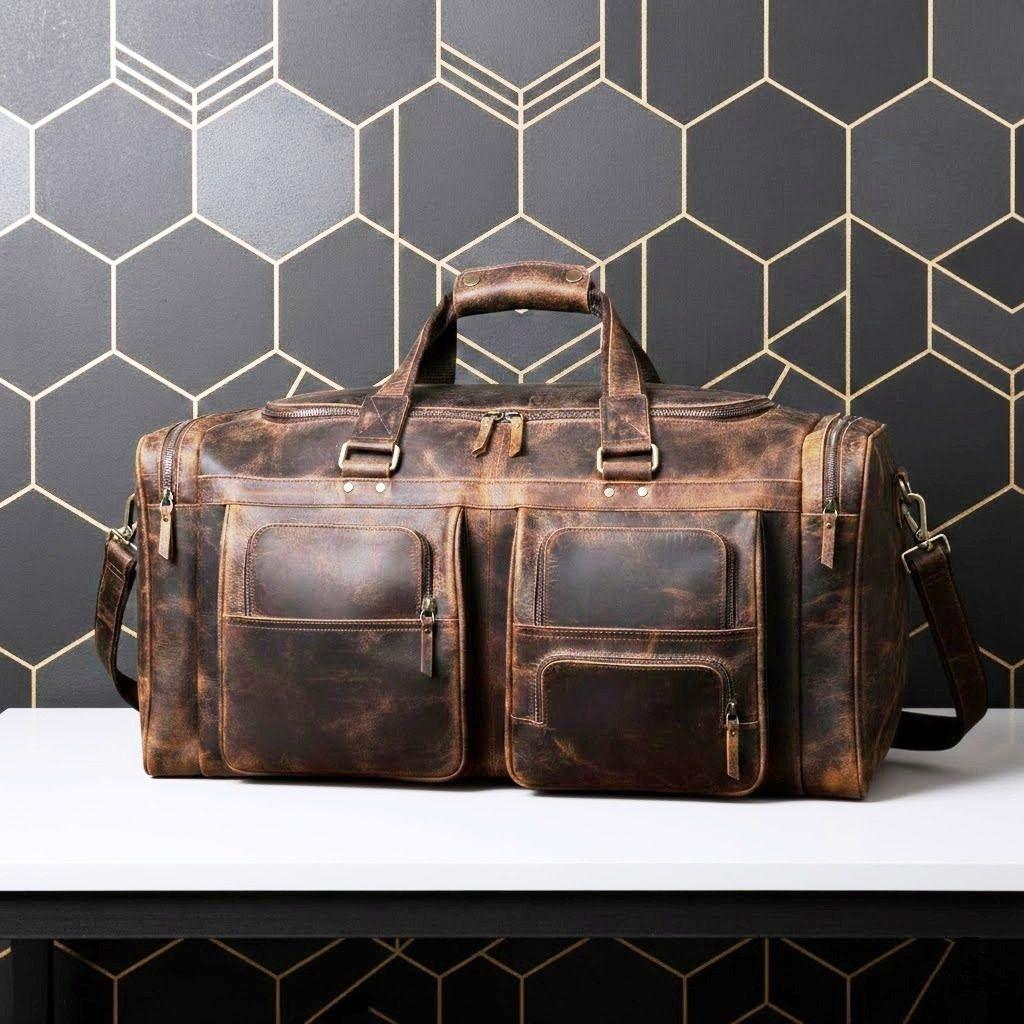 Bolsos de lona grandes de 24 pulgadas para hombres, bolsos de cuero para viajes, bolsos de lona para pasar la noche, gimnasio, deportes, fin de semana, bolsos de lona (Marrón oscuro, 24" grande)