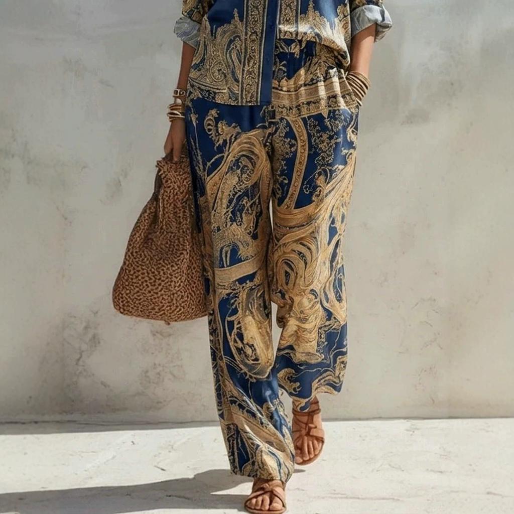 Conjunto de camisa de manga comprida estampada nova e calça de perna larga europeu e americano conjunto casual de duas peças moda feminina