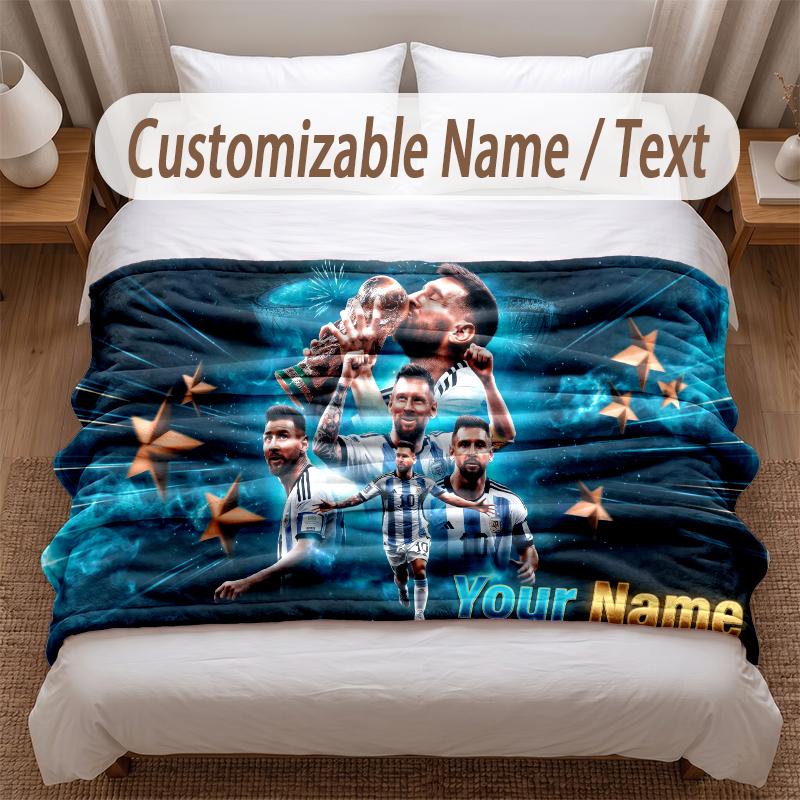 Lionel Messi Printed Flannel Blanket Custom Name Text Soft Warm Throw For Bedroom Holiday Gift