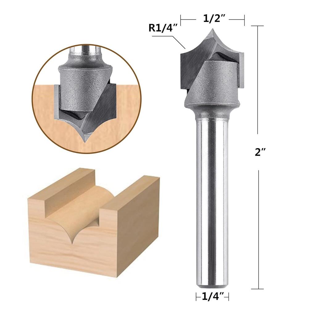 SpeTool 1/4" Shank Point Cutting Roundover Router Bit with 1/2" Cutting Diameter 1/4" Radius, Carbide 2 Flute Tipped Round Over Beading Bits for CNC