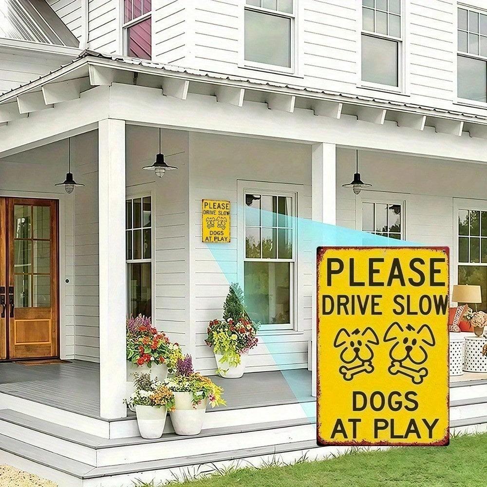 Rustic Metal Sign Please Slow Down Dog At Play Vintage Faux Iron Wall Decor 8x12 Inch for Home Garage Bar Cafe