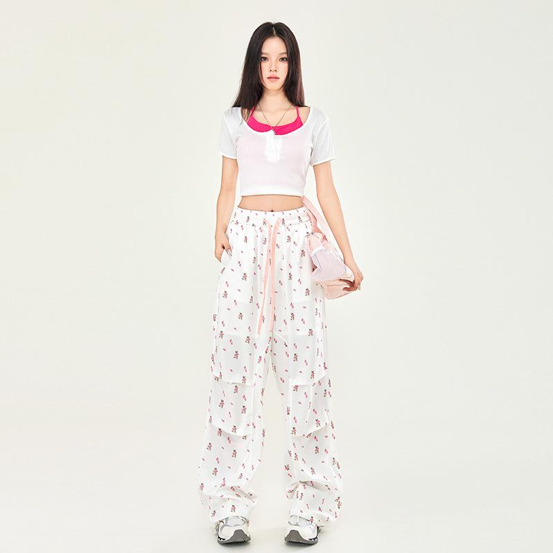 

Elastic High-Waist Drawstring Wide-Leg Overalls for Women - 2024 Summer Slimming Versatile Casual Sports Pants Large