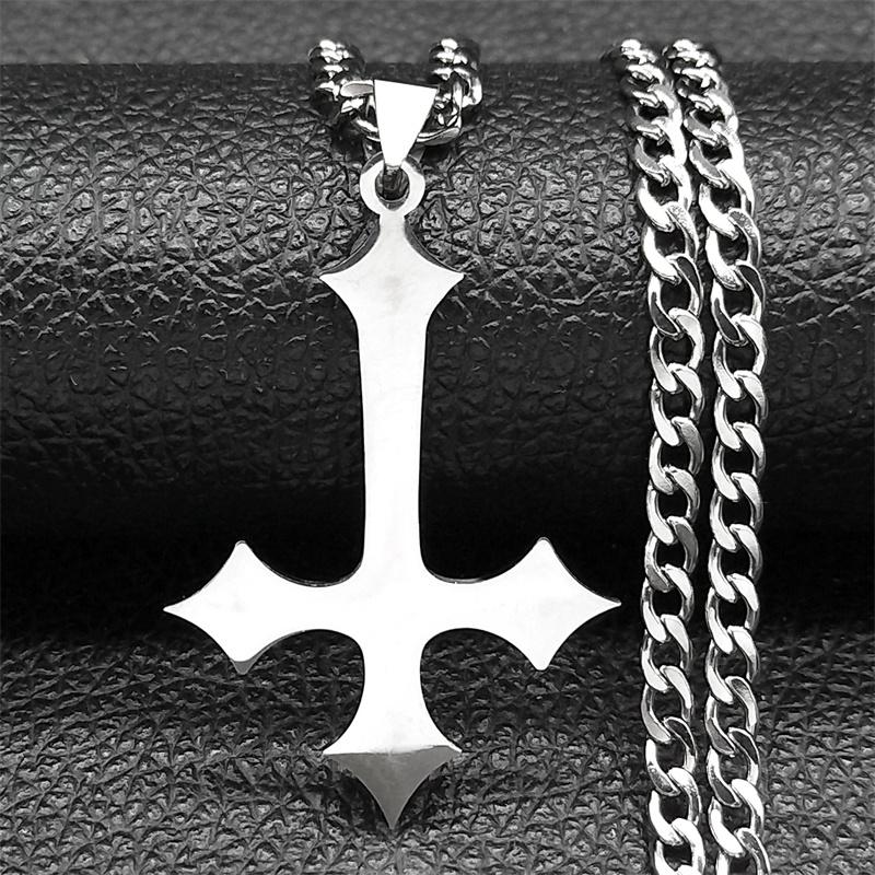 Goth Upside Down Cross Stainless Steel Pendant Necklace for Men Black Color Inverted Crucifix Cross Man emo Chain Jewelry Gifts