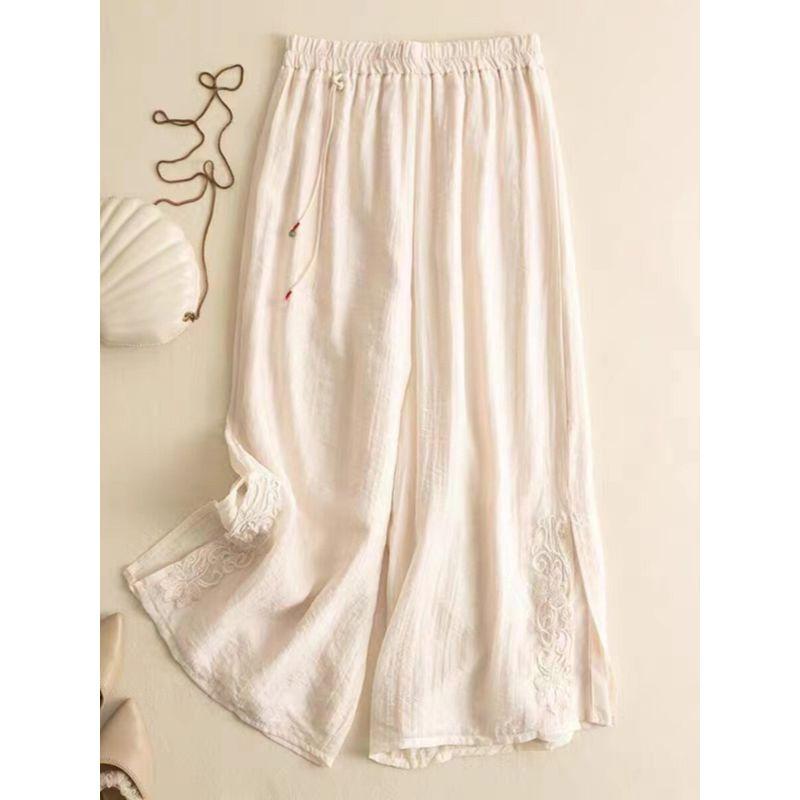 Leak-Picking ~ Counter Tail Linen Cropped Casual Pants Women's Artistic Embroidered High Waist Lightweight Summer Cotton and Linen Wide-Leg Pants