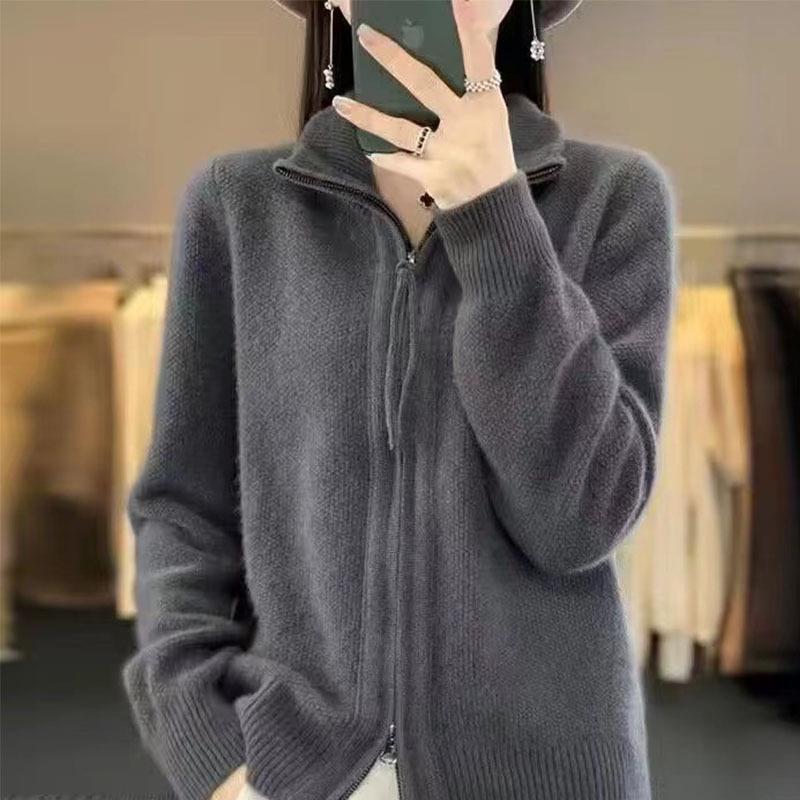 

2024 Autumn/Winter Women s Casual Fashion Double Zipper Loose Knitted Cardigan Small
