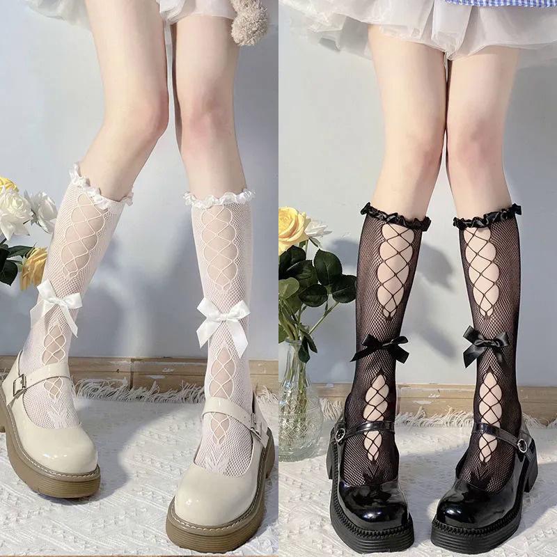 Bow Lace Hollow Out Cute Lolita Jk Sexy Fishnet Knee-High Stockings For Women