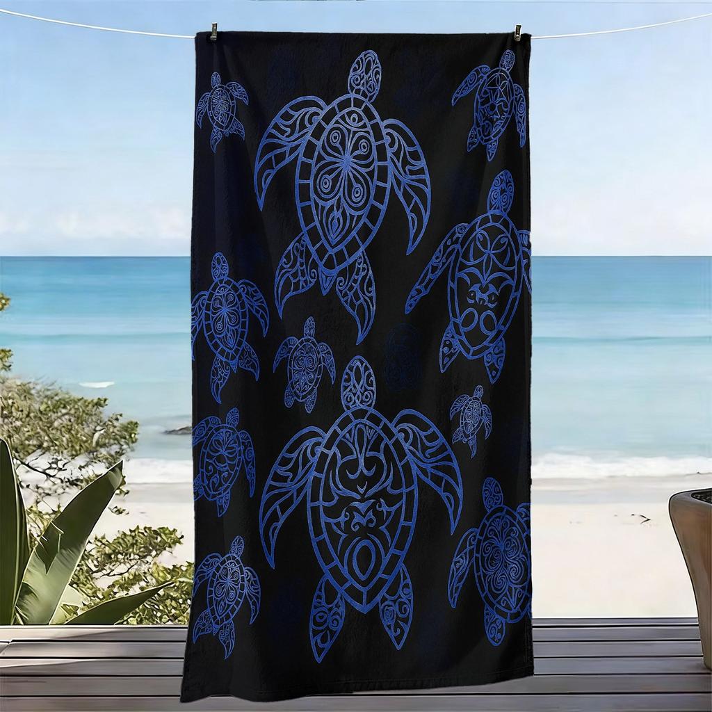 1pc, Blue Ocean Style Large Soft Beach Towel with Turtle Totem Print, Microfiber Bath Towel, Quick-Drying and Super Absorbent
