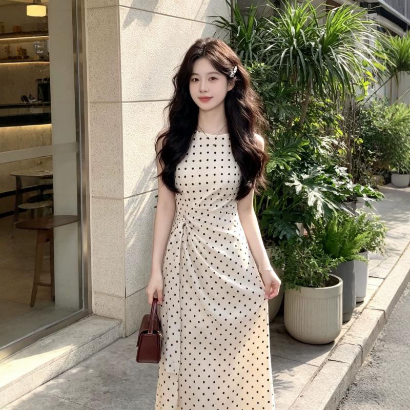 French Temperament White Polka Dot Dress Children's Summer New Style Strap Waist Thin Dress