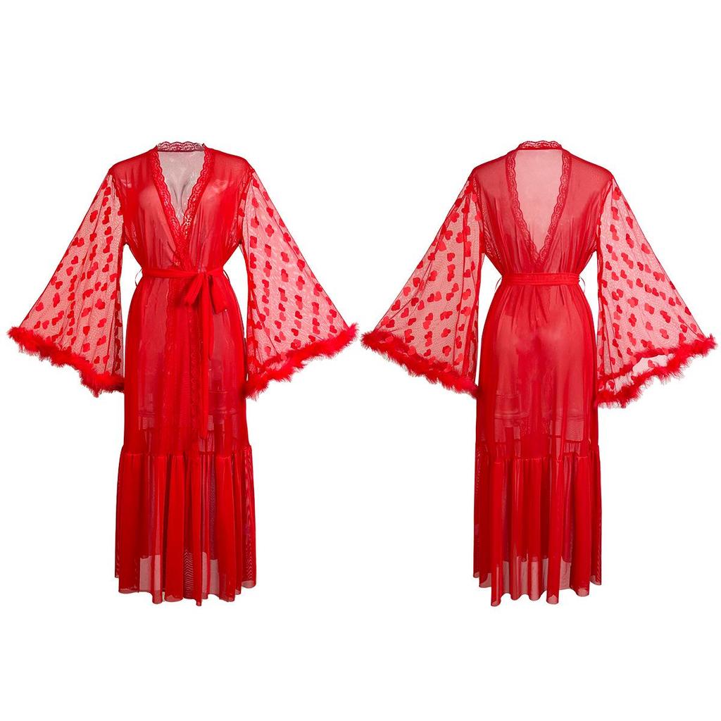 Feyun Women's Seductive Mesh Nightgown and Bathrobe