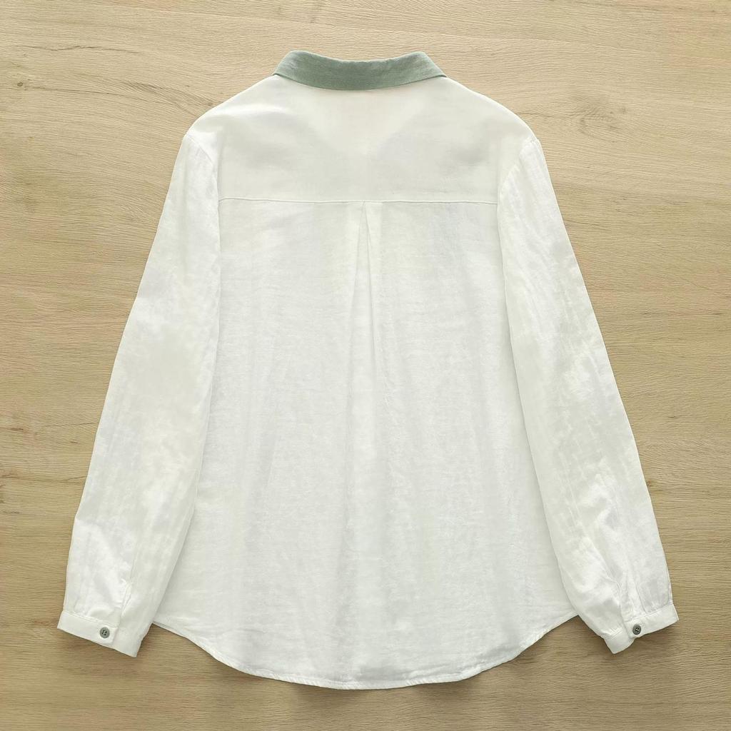 Women's Double-Layer Cotton Long-Sleeve Shirt, Autumn 2025 Retro Embroidered Collar, Soft and Breathable Pure Cotton.
