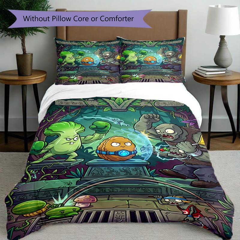 3pcs Duvet Cover Set (1*Duvet Cover + 2*Pillowcase, Without Core), Plants VS Zombies Print Bedding Set, Bedroom Decor, All‑Season, Birthday Gift