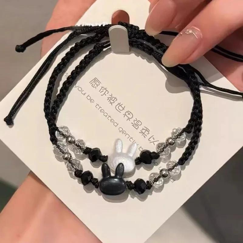 New 2pcs Natural Moonstone Obsidian Rabbit Cat Couple Bracelets for Women Men Charm Cats Bracelets Fashion Jewelry Friends Gifts