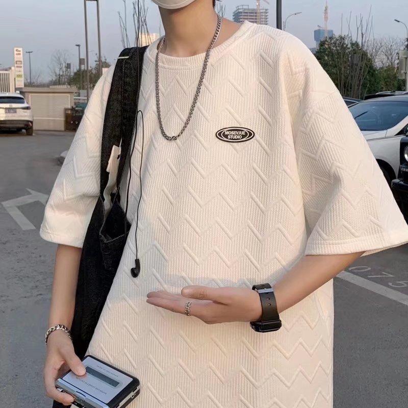 

Футболка с коротким рукавом и вафельной вышивкой, мужские японские повседневные футболки с половиной рукавов, мужской пуловер с принтом, мужская футболка с большим ретро-круглым вырезом