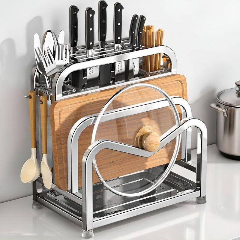 Stainless Steel Kitchen Organizer: Knife Holder, Pot Lid, Cutting Board, Cutlery & Chopstick Stand
