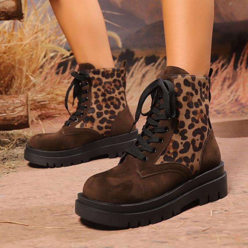 Damen Übergröße Leopardenmuster Schnürung Dicke Sohle Runde Spitze Kurze Martin Boots.