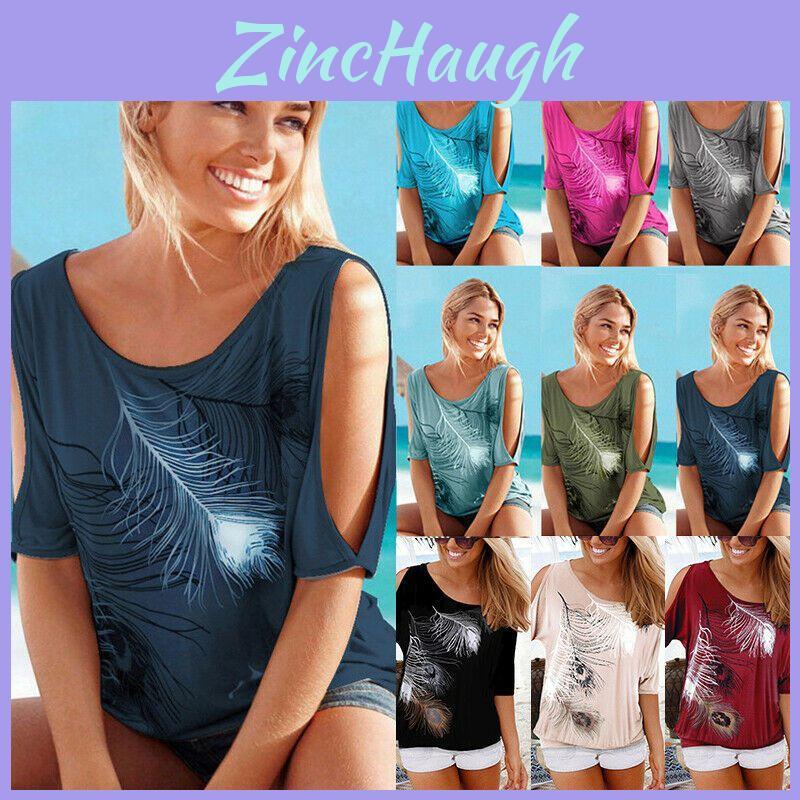 Summer Boho Women Cold Shoulder Feather Tshirt Blouse With Stylish Printing And Short Sleeve Design