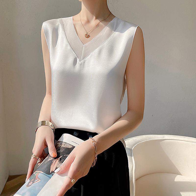 Damen Weißer Satin V-Ausschnitt Weste: 2025 Sommer Ärmelloses Freizeit-Top