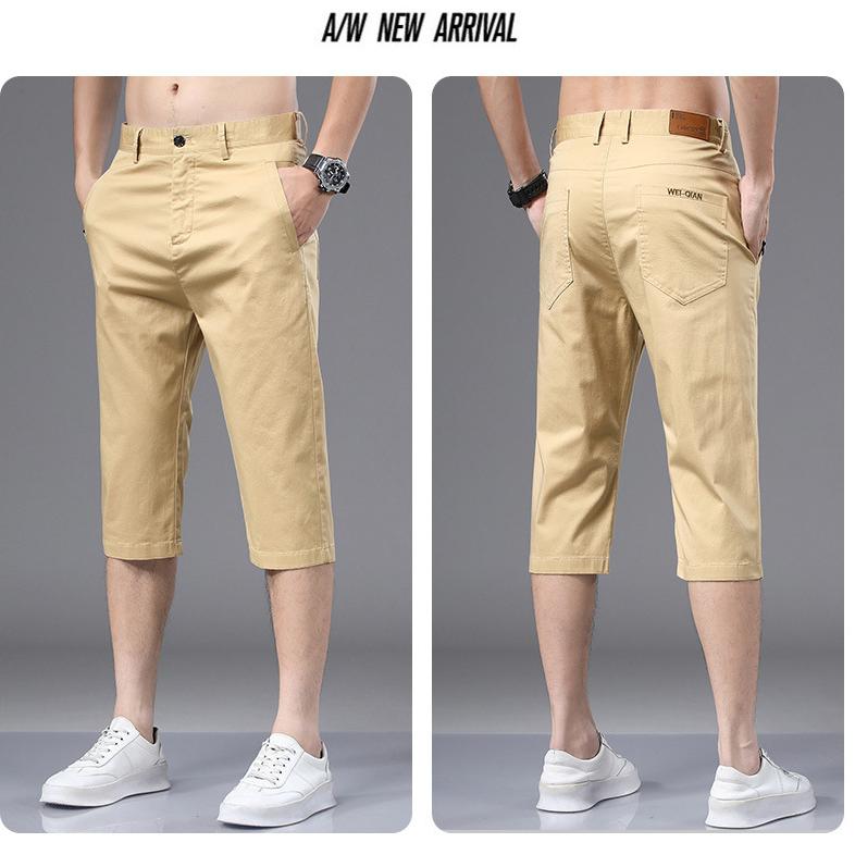 Summer Mens Cotton Cropped Pants Fashion Casual Loose Leg Straight Trouser Vintage Calf-Length Shorts Streetwear