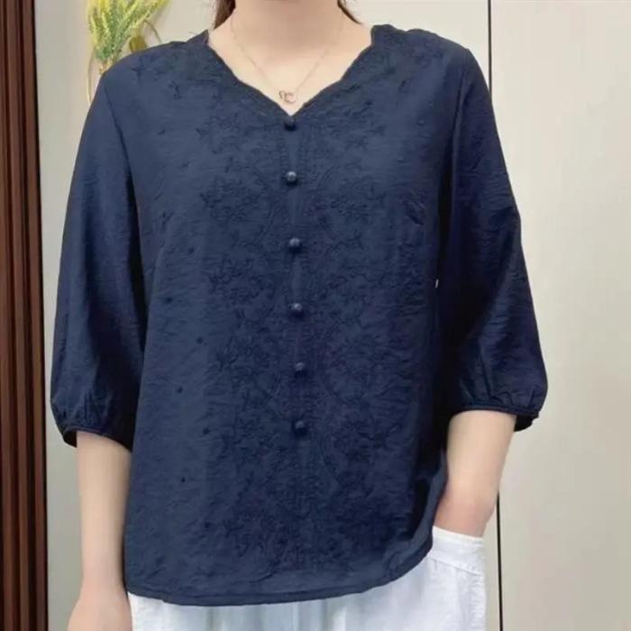 Summer Women's Retro Embroidered Cotton and Linen V-neck Mid-sleeved Women's Fashion Casual Large Size Loose Top