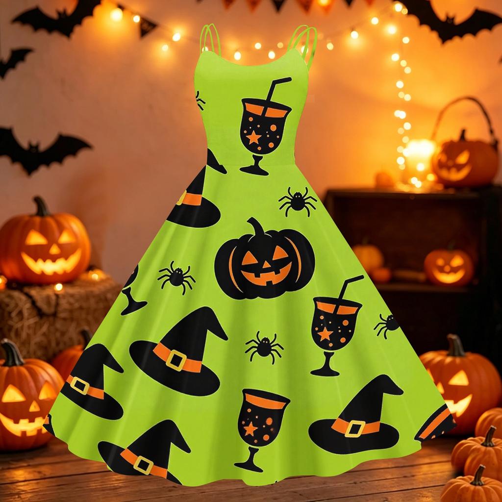 Womens Halloween Print Off Shoulder Punk Vintage Dress Sleeveless Spaghetti Strap Retro Style Midi Dress