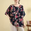 Cotton and Linen Large Size Women's Literary New Style Shirt Mother Retro Mid-sleeved Loose Printed Blouse T-shirt Base Top