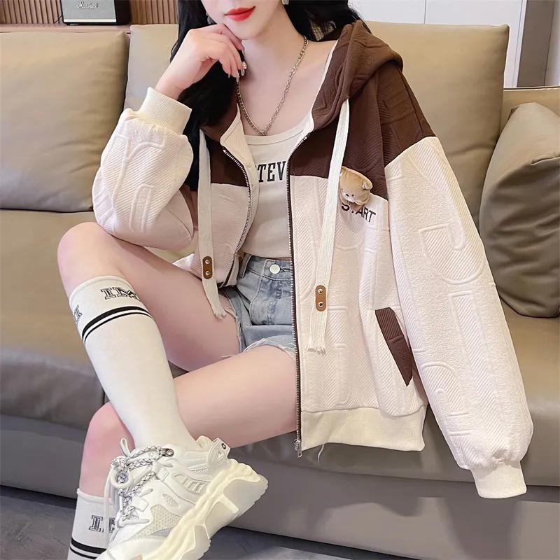 Women's Patchwork Hoodie Jacket Teddy Bear Decor Sweatshirts Casual Zip-Up Coat Hoodies