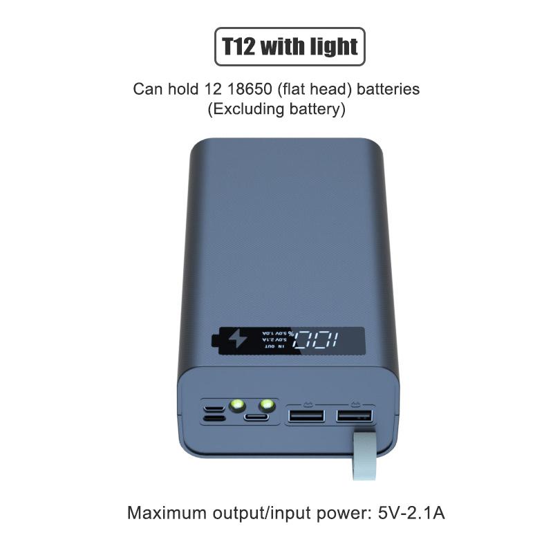 

Новый Power Bank T12 с быстрой зарядкой QC3.0, корпус для 12 батарей 18650, портативный бокс для хранения аккумуляторов с ЖК-дисплеем