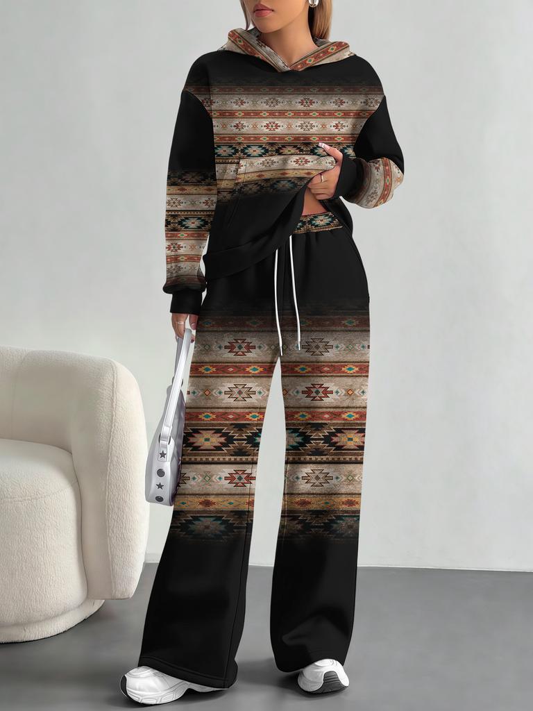 European And American Autumn And Winter Casual Long-Sleeved Suit Women'S Bohemian Hooded Sweater Trousers Two-Piece Set