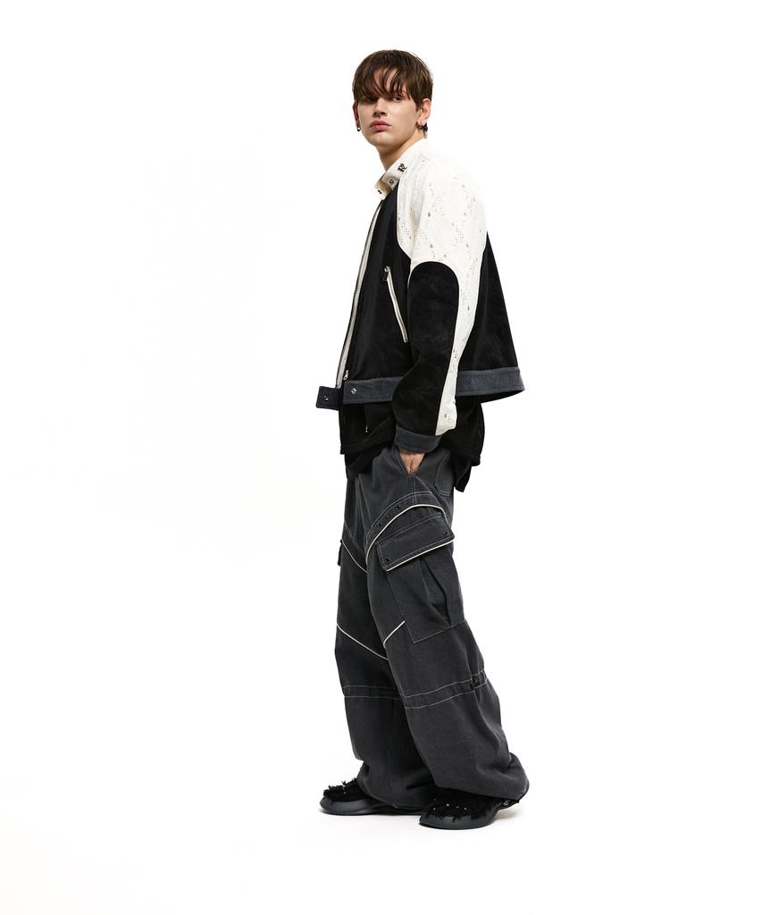 Aleseuseussi Knee String Cargo Denim Pants - Gray