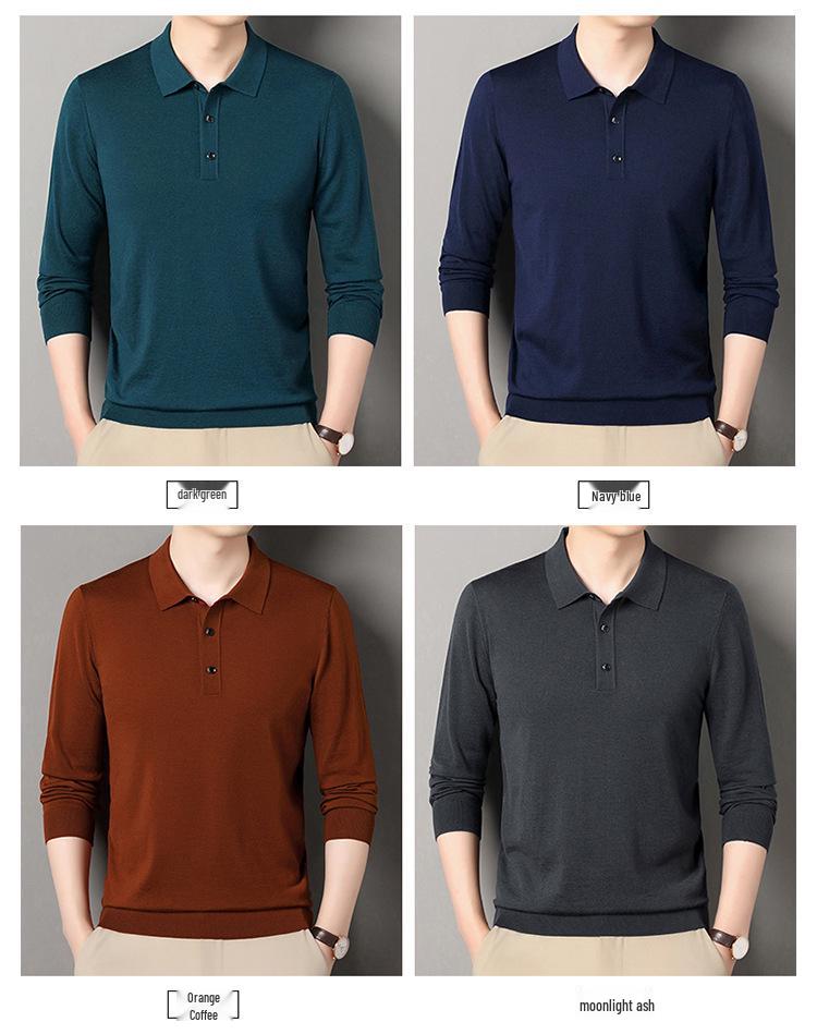 2025 Winter Machine Washable 100% Wool Men's Lapel Sweater - Warm, Solid Color, Versatile Casual Wear for Middle-Aged Dads