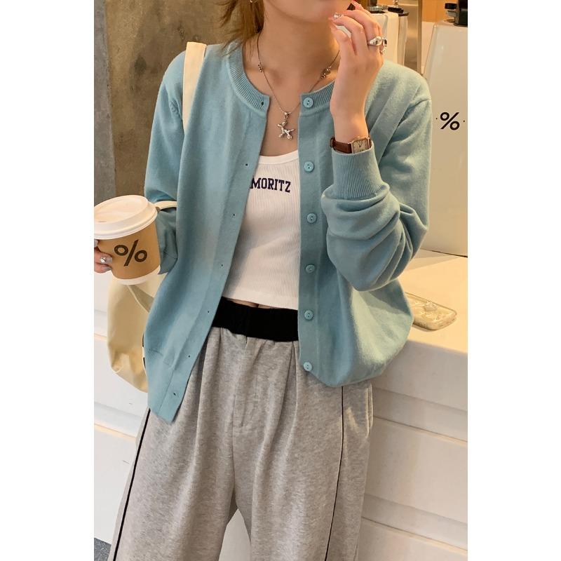 

Модная трикотажная куртка-кардиган с круглым вырезом для женщин, весенне-осенний свитер 2025, элегантный новый повседневный простой свободный топ с длинным рукавом, одежда One size светло-синий