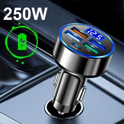 250W LED Car Charger 5 Ports Fast Charge PD QC3.0 USB C Car Phone Charger Type C Adapter In Car for Iphone Samsung Huawei Xiaomi