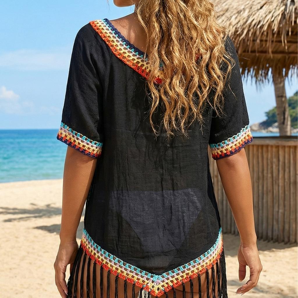 Spring and Summer New Product: Blouse with Spliced Fringe Beach Sunscreen Shirt, Simple and Versatile Beach Sunscreen Blouse for Women