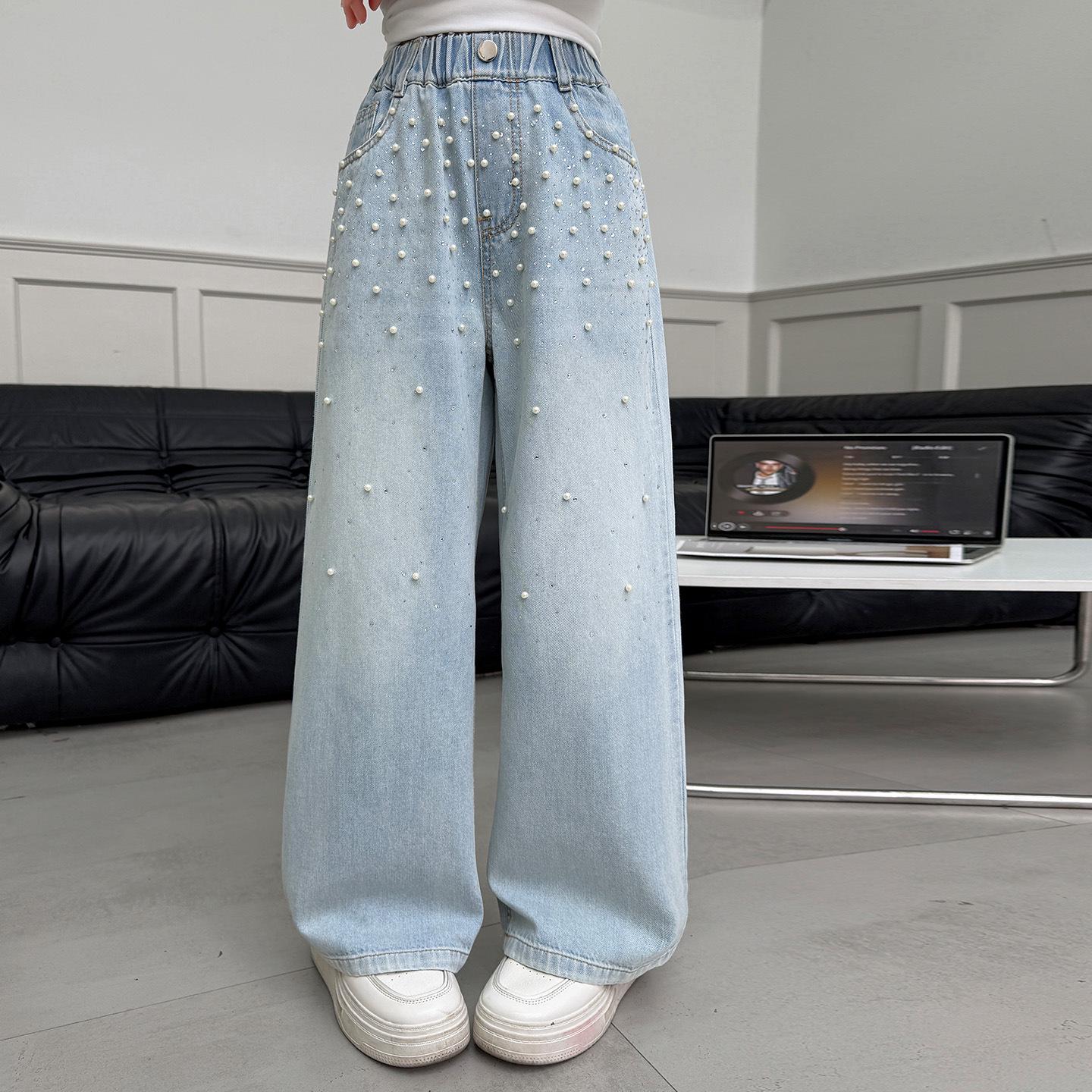 

2026 New Style Girls Fashionable Wide-Leg Jeans - Trendy Loose Straight-Leg Pants for Medium and Large Kids 130 cm синій