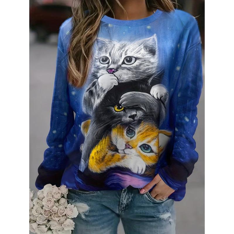 

Women s Cute Cat Pattern Printed Women s Casual Long Sleeve Round Neck 6XL