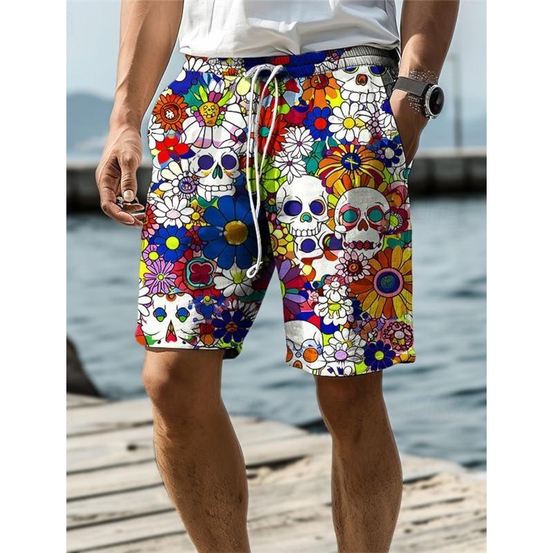 2024 Skull Flower Graphic Men's Resort 3D Printed Board Shorts Swim Trunks Elastic Waist Drawstring Hawaiian Style Holiday Beach