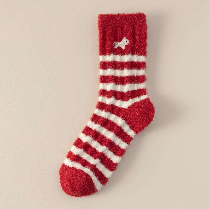 Red Australian Velvet Socks Female Cute Flower Bow Embroidered Medium Tube Socks Velvet Thickened Warm Winter Sleep Socks