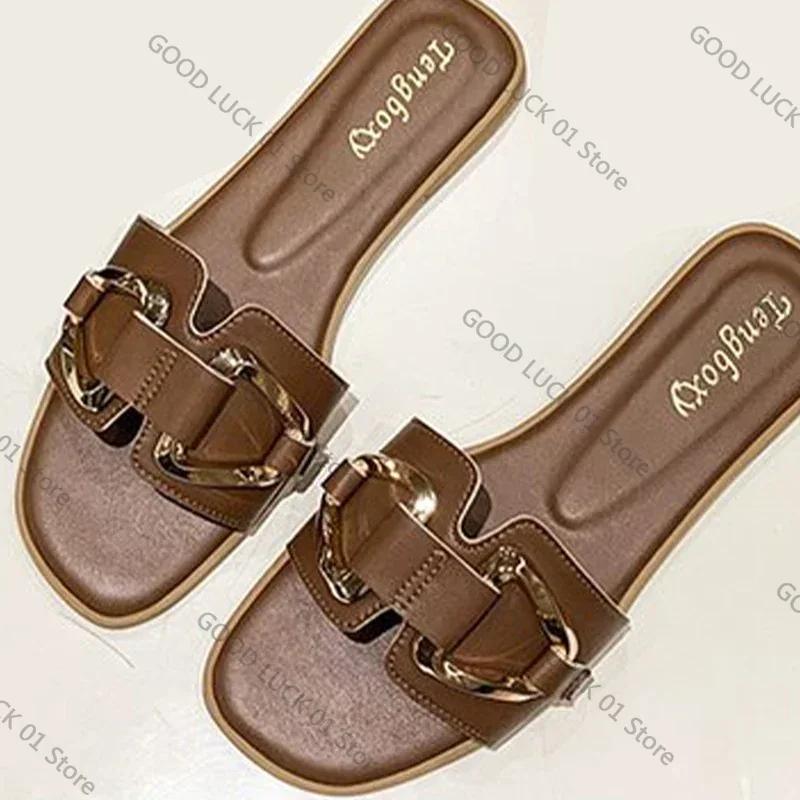 Fashion 2025 Women Metal Decor Single Band Flat Sandals Fashion Sexy Open Toe Outdoors Slides Luxurious Office Ladies Party Female Shoes