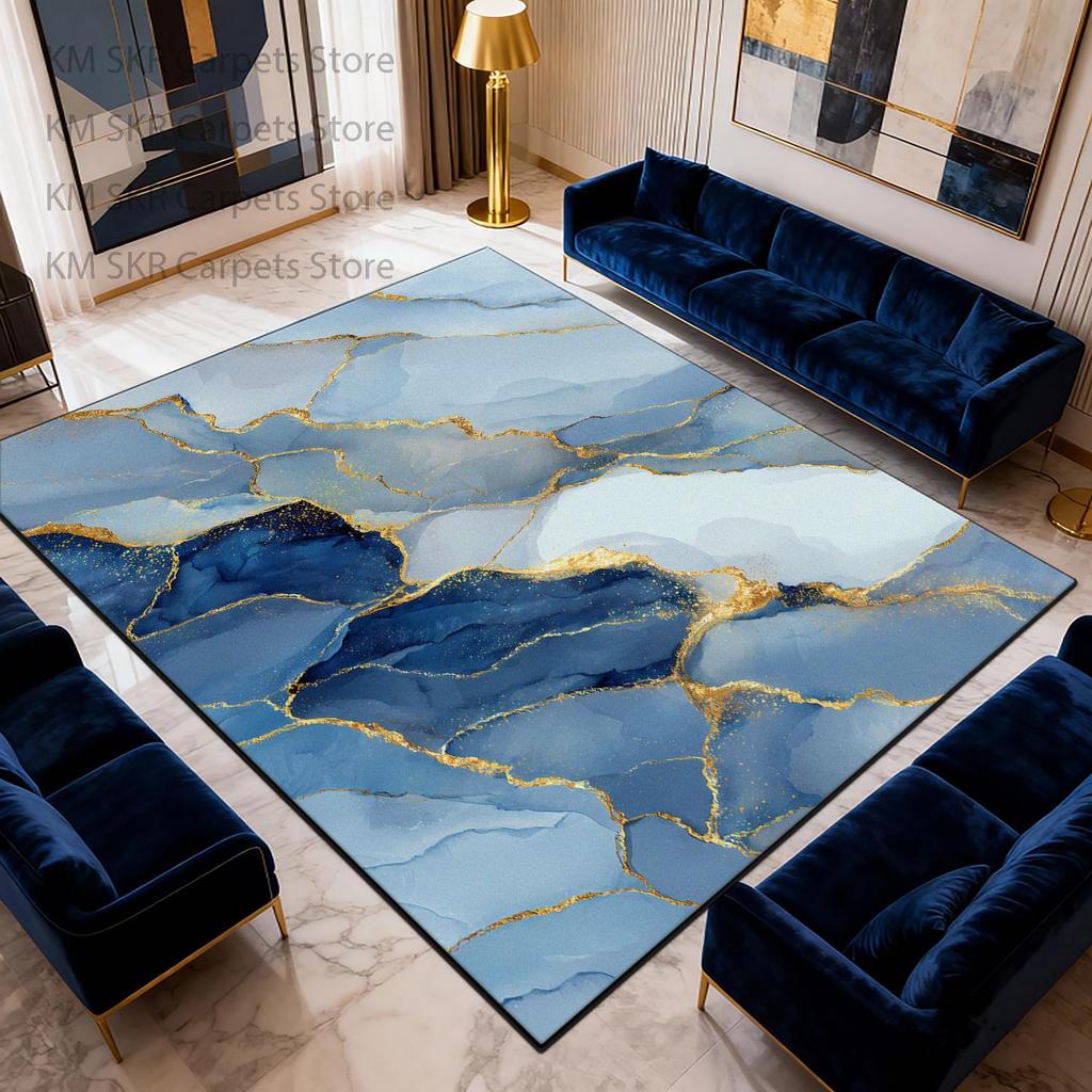 Modern Marble Large Living Room Sofa Carpet Blue-gold Washable Non-slip Decoration Bedroom Bedside Mat Soft Fluffy Cloakroom Rug