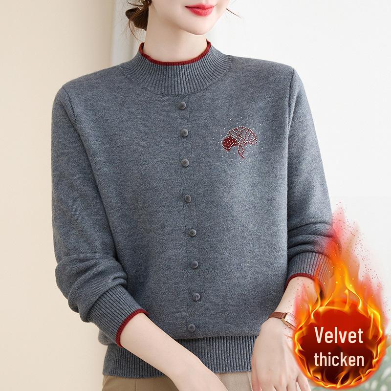 

50-Year-Old Mom Winter Plus Velvet Warm Knit Sweater for Middle-Aged & Elderly Women 4XL (130-140 Jin)