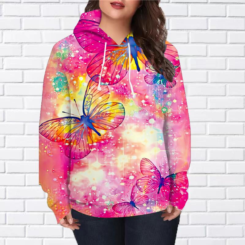 Womens Fashion Grey Butterfly Print Loose Hoodie Tops Blouse Sweatshirt Casual Long Sleeve Pullover Tops