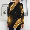 Women Plus Size Round Neck Long Sleeve Black Gold Green Printed Longline T Shirt With Pockets