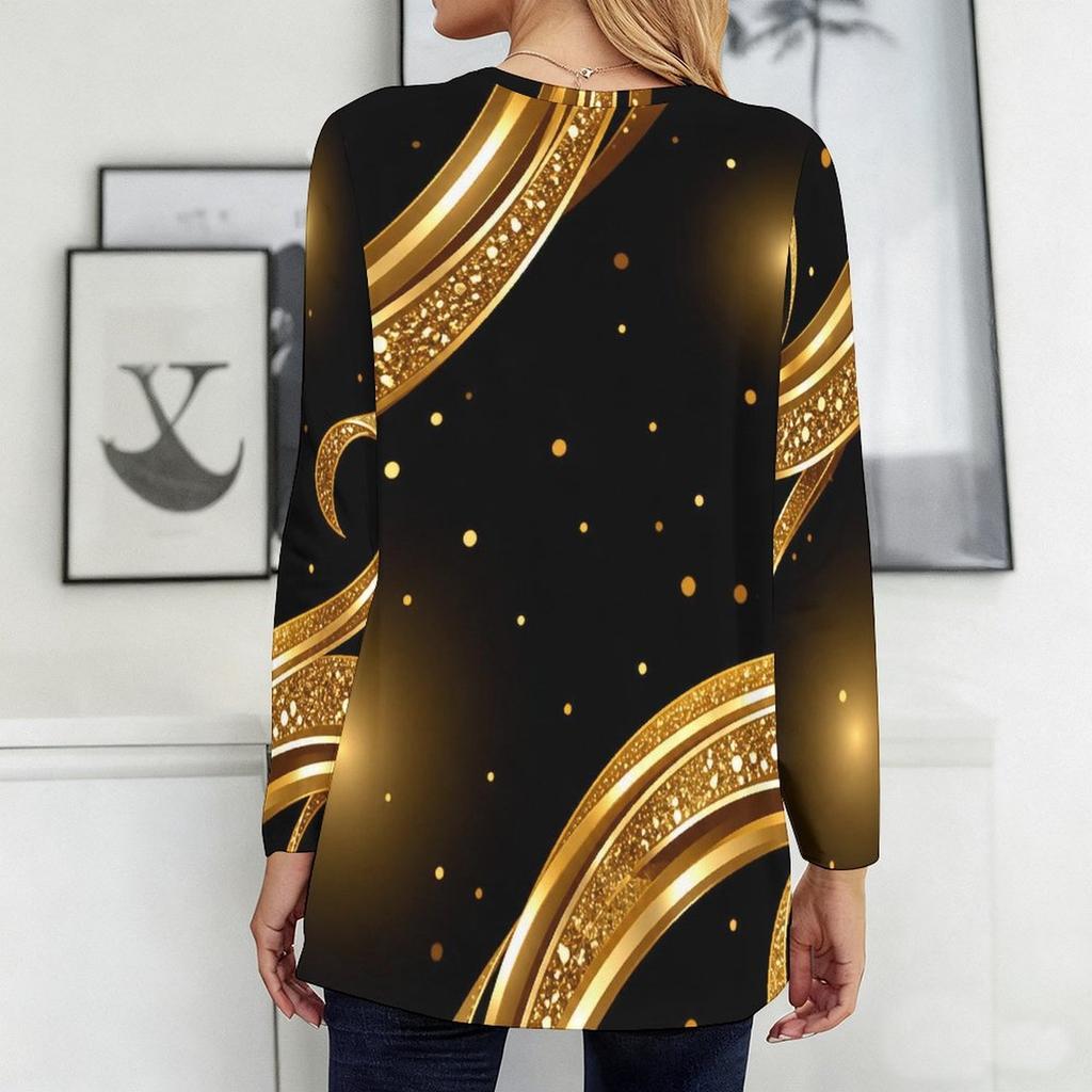 Women Plus Size Round Neck Long Sleeve Black Gold Green Printed Longline T Shirt With Pockets