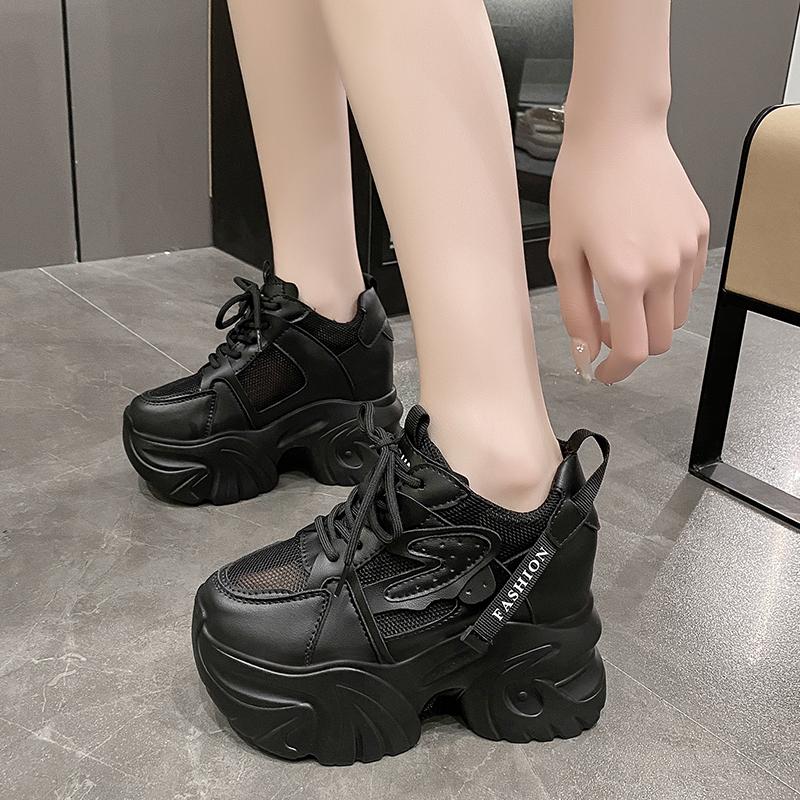 Fashion Women High Top Sneakers 2025 Spring Female Shoes Black White Chunky Sneaker Breathable Leather Wedge Shoes Zapatos Casual Mujer