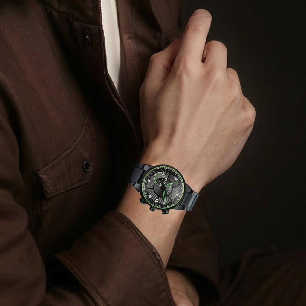 Citizen Eco-Drive Serie Grüner Zeiger Tief Wasserdicht Sport Mode Quarzwerk Edelstahl Uhr Herrenuhren schwarz silber CC3075-80E