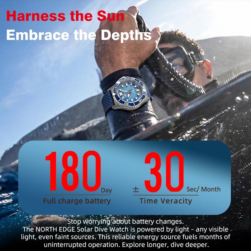 NORTH EDGE 2026 NEW ABYSS Solar Powered Dive Quartz Luxury Watch 200M Waterproof Dive Sports Watches 316L Steel 180+ Day Power