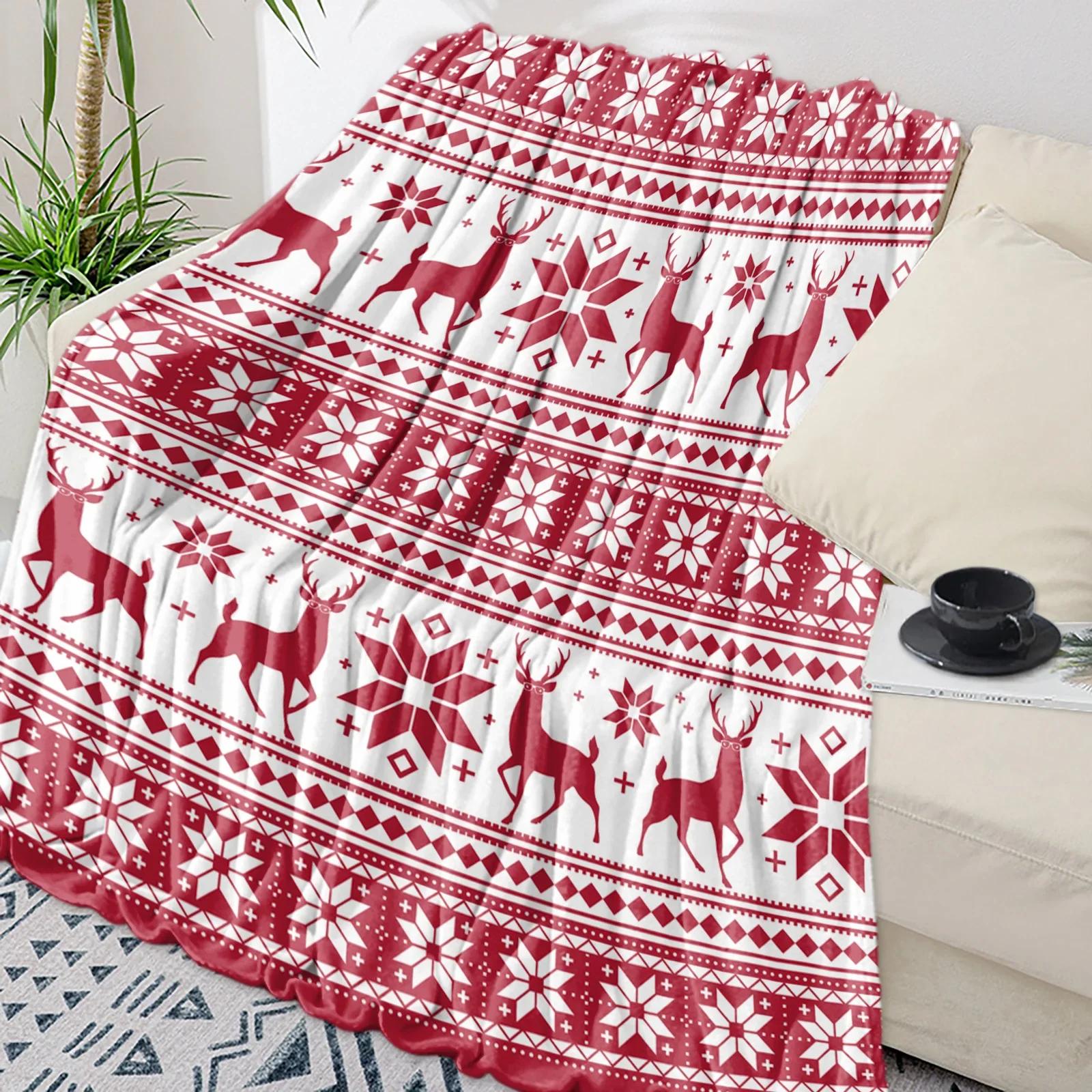 Christmas Snowflake Elk Plaid Throw Blanket for Sofa Christmas Decoration Bedspread Portable Microfiber Flannel Blanket 75X95CM