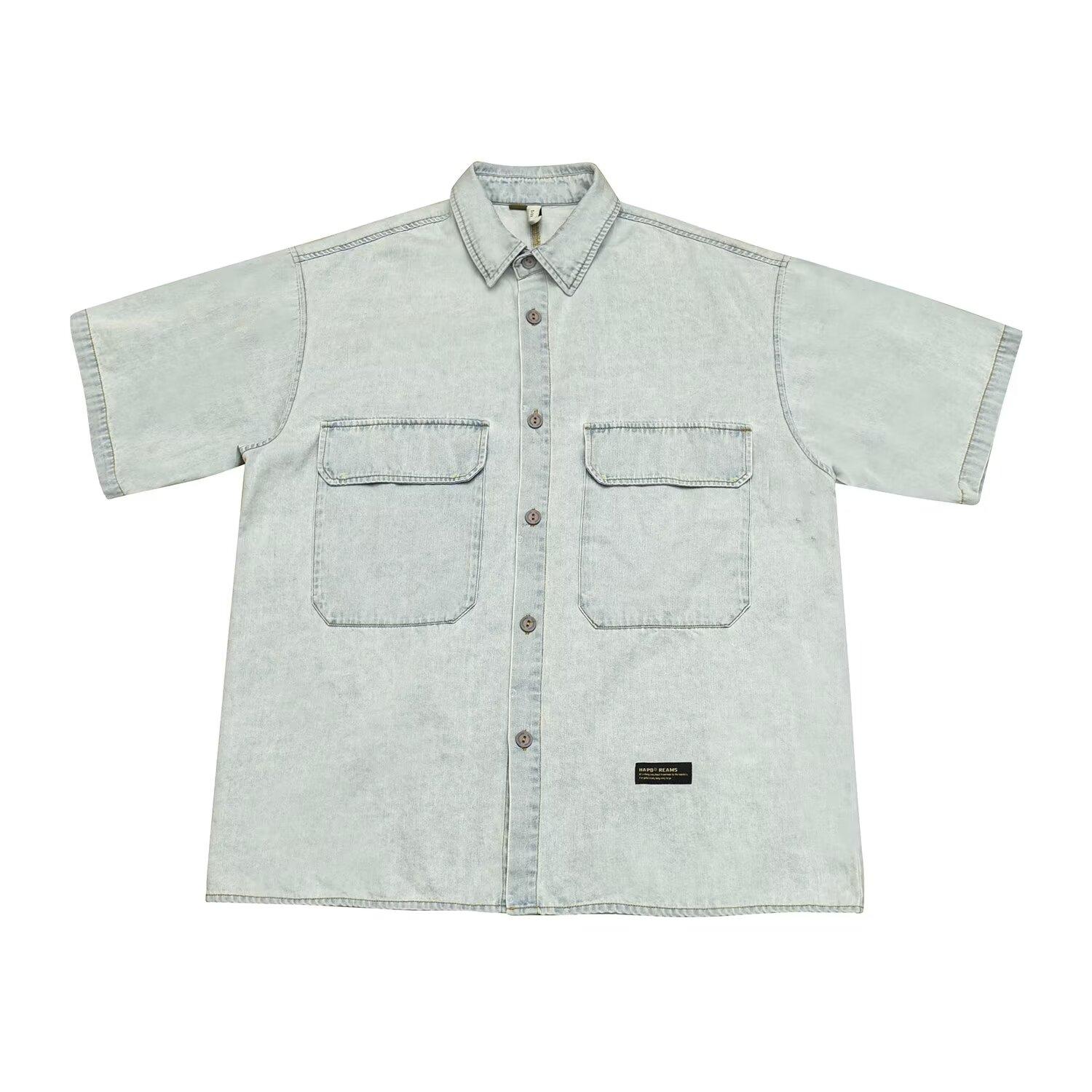 

Рубашка с коротким рукавом в стиле ретро из джинсовой ткани, летняя модная мужская и женская марка, японский ретро-тренд с коротким рукавом, классная и свободная рубашка 3XL светло-синий